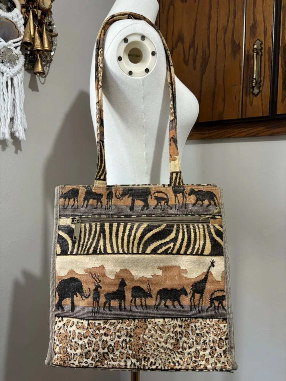 Jade Safari Shoulder Tote in Tan & Brown African Print Elephants Leopard Zebra